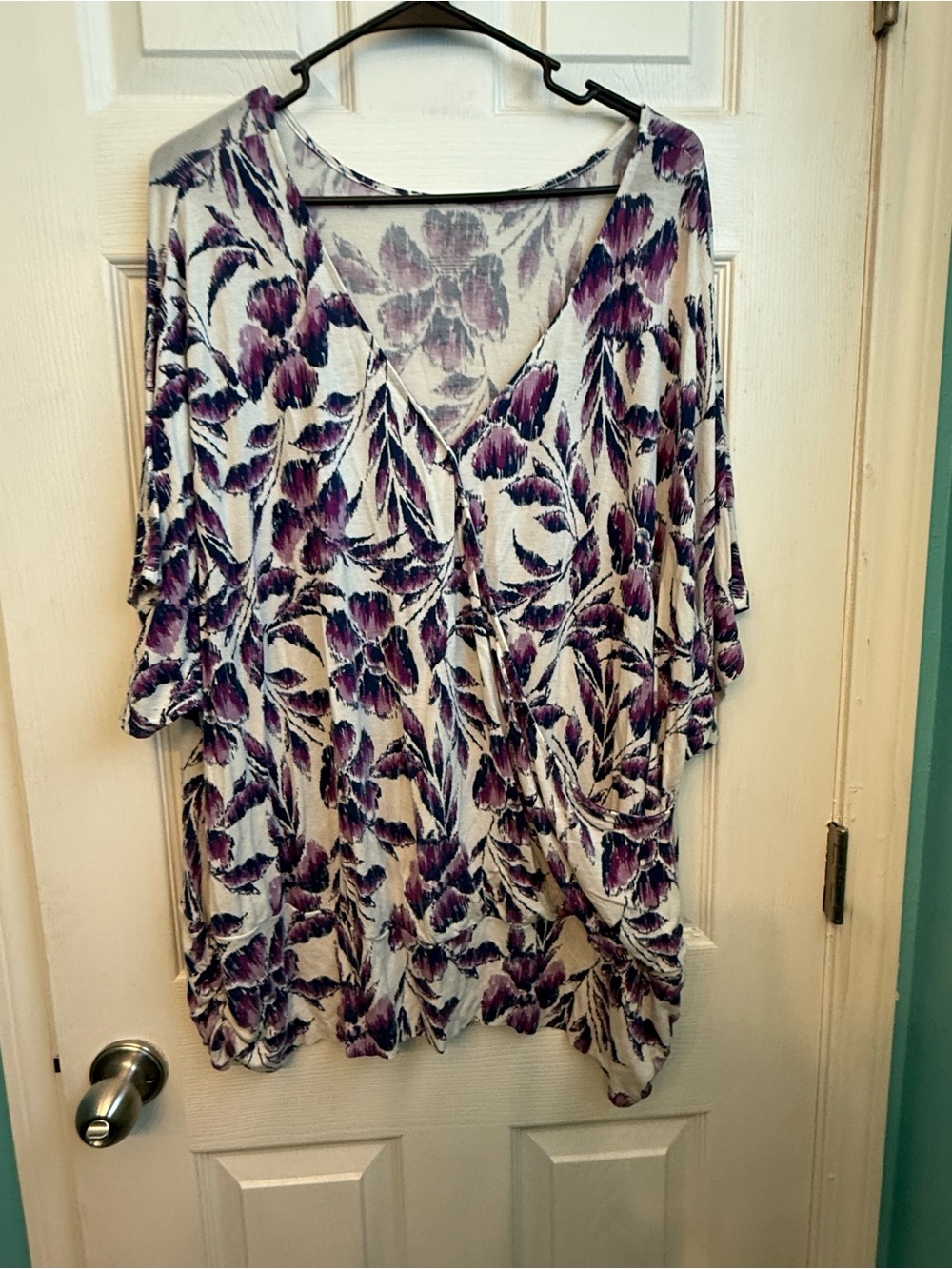 Lane Bryant White and Purple Floral V-Neck Draped Tunic